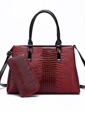 Croc-Embossed Red Tote with Matching Wallet